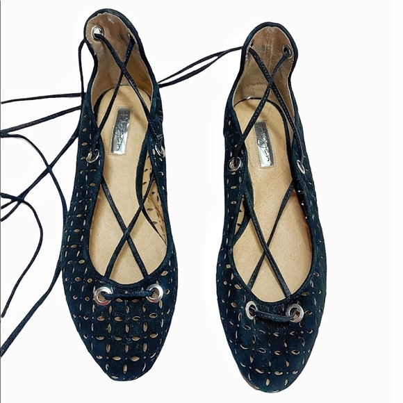 Halogen Nella Ghillie Black Suede Perforated Lace Up Flats - Picture 2 of 5